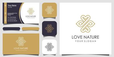 Minimalist elegant leaf and symbol love logo design with line art style. logo for beauty, Cosmetics, yoga and spa. logo and business card design. vector