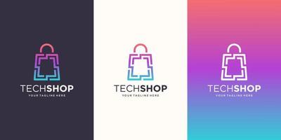 technology shop Logo designs Template. circuit combined with bag line art style. vector