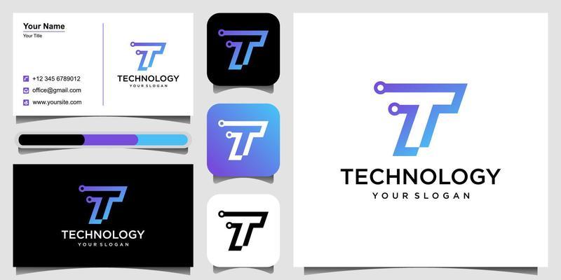 Letter T logo, Circle shape symbol, green and blue color, Technology and digital abstract dot connection