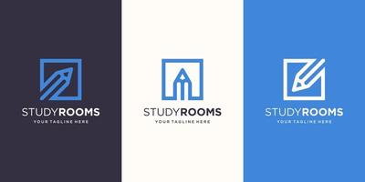 Study Room Logo designs Template. pencil combined with square line art style. vector