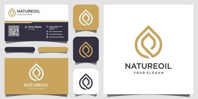 aceite de oliva y hoja con estilo de arte lineal. diseño de logotipo de vector natural de gota de agua y tarjeta de visita