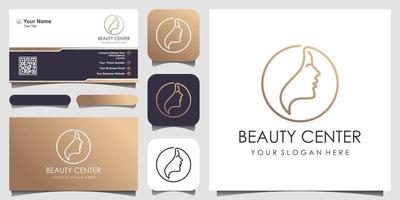 cara de mujer con logotipo de círculo de línea y diseño de tarjeta de visita. concepto de diseño abstracto para salón de belleza, moda, masaje, revista, cosmética y spa. vector