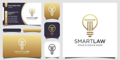 lámpara de bombilla creativa y logotipo de pilar y diseño de tarjeta de visita. idea ley de bombilla creativa, logotipo de abogado. vector