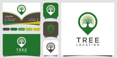 ubicación del árbol de símbolos, los mapas de pines se combinan con el árbol. Diseño de logotipo y tarjeta de presentación. vector