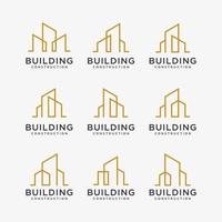 conjunto de diseños de logotipos de edificios dorados. diseño de logotipo de construcción con estilo de arte lineal. vector