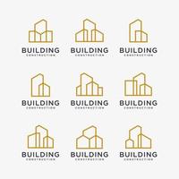 conjunto de diseños de logotipos de edificios dorados. diseño de logotipo de construcción con estilo de arte lineal. vector