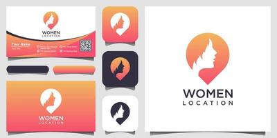 Inspiración en el diseño del logotipo del lugar de la mujer. plantilla de diseño de logotipo pin femenino. diseño de logotipo y tarjeta de visita de buscador de mujeres vector