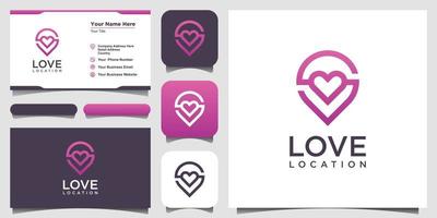 Creative love location logo with heart and map marker. Vector design template and business card design