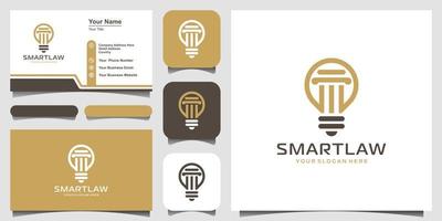 creative bulb lamp and pillar logo and business card design. Idea creative light bulb law, lawyer logo. vector