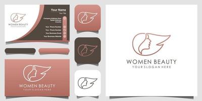 logotipo de mujer creativa con estilo de arte de línea y diseño de tarjeta de visita. cabeza, cara, cabello, logo aislado. uso para salón de belleza, spa, cosméticos vector