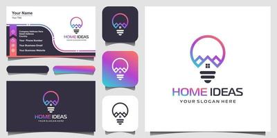 combinación de diseño de logotipo de lámpara de casa y bombilla con estilo de arte de línea. logotipo de línea con iconos de construcción y diseño de tarjetas de visita vector