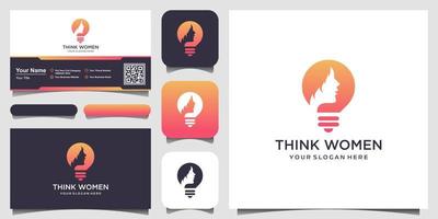 Female silhouette in bulb lamp logo and business card design vector