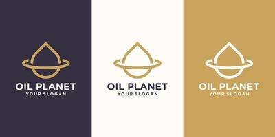 diseño de logotipo de gota de agua combinado con un anillo planetario. aceite de oliva planeta. conjunto de diseño de logotipo y tarjeta de visita vector