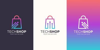 plantilla de diseños de logotipo de tienda de tecnología. bolso combinado con circuit tech. vector