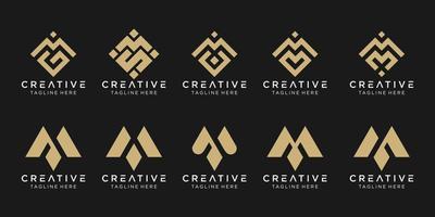 Set of abstract monogram initial M logo template. icons for business of fashion, sport, pixel, technology. vector