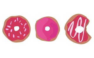 conjunto de tres donuts con icono de donut de glaseado rosa, ilustración vectorial. vector