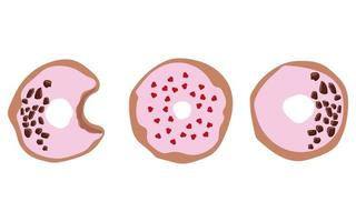 conjunto de tres donuts con icono de donut de glaseado rosa, ilustración vectorial. vector