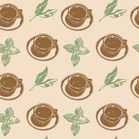 Seamless pattern with cups, tea leaves and mint leaves vector