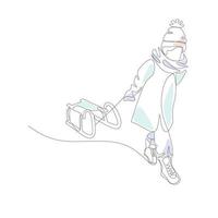 Vector illustration of a girl with a sled drawn in the style of line art