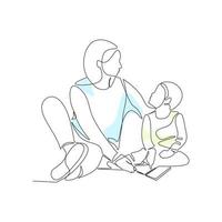 Vector illustration of a woman reading a book to her child drawn in line art style