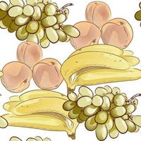 patrón transparente de vector fuit. plátano, melocotón, uva blanca