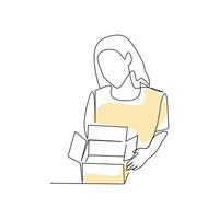 Vector illustration of a woman opening a box drawn in line art style