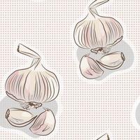 Garlic on a polka dot background. Seamless pattern. Hand drawn vector picture.