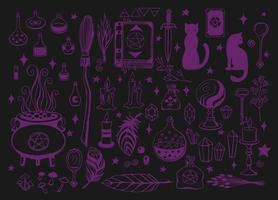Witchcraft, magic background for witches and wizards. Vector vintage collection. Hand drawn magic tools, concept of witchcraft. Drawn magic tools book, candles, potions, broom, crystals, cauldron.