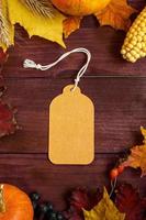 Autumn sale concept. Blank label on wooden background. Ripe pumpkins, colored leaves and berries. Thanksgiving and harvest. photo