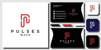 Initials P pulse wave illustration technology with business card template vector