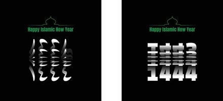 Happy Islamic New Hijri Year 1444 with Arabic number, green mosque silhouette isolated on black background. Passing from 1443 into New Year 1444 Hijriyah Flip Text Effect. vector