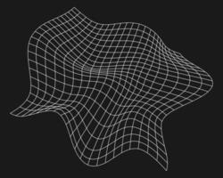 Cyber distorted grid, retro punk design element. Wireframe wave geometry grid on black background. Vector illustration