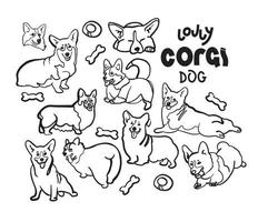 lindo perro corgi garabato. colección en diferentes poses en estilo de ilustración de dibujo a mano alzada. vector