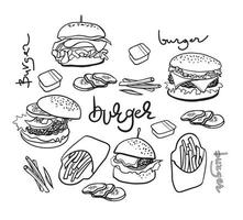 Burgers hand drawn doodle icons. Kinds of fast food. vector