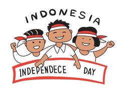 Indonesian independence day celebration illustration with flat illustration with Indonesian kids . vector
