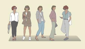 Ilustración de vector de mujeres felices casuales. diferentes personajes de dibujos animados, personas que usan ropa elegante en estilo informal