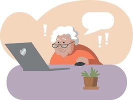 communication on the computer for the elderly. Computer education. Old couple studying modern digital world. Elderly people video calling or online communication vector illustration