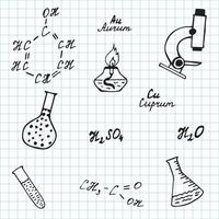 ilustración de fideos de fórmulas químicas, tubos de ensayo y otros atributos de la química en el fondo de un cuaderno escolar a cuadros vector