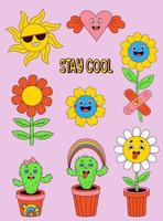 Funny cartoon characters. Big set of comic elements in trendy retro cartoon style. Vector illustration of heart, patch, cute sun, cloud, flower power and cactus faces etc.