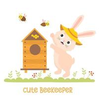 Cute bunny beekeeper. Funny rabbit apiarist in apiary with beehive and funny bees. Vector illustration. Character rabbit for kids collection, cards, design, decor, printing, flyers about beekeeping.
