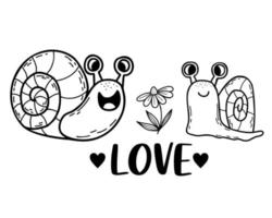 pair of cute snails in love. flower and word love. Linear hand drawn doodle. Funny character clam snail. Vector illustration. For greeting cards, posters, design and decor, valentines.