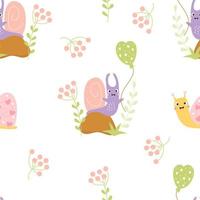 Seamless pattern with cute snails. Funny clam on stone with balloon and happy snail with hearts on white background with berries. Vector illustration. For design, decor, wallpapers and textiles