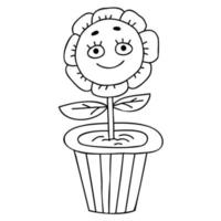 Funny cartoon character. Groovy element funky flower power in pot. Vector illustration trendy retro style. Linear hand drawn doodle. Comic element for design and decor, sticker, poster, print, card.