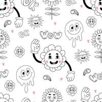 Retro seamless pattern with groovy elements. Vector linear hand drawn doodle style. Cartoon characters with faces funky flower power, melting smile face, daisy flowers, sun on white background.