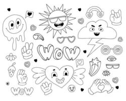 Retro collection of groovy elements. Vector clipart vintage hippy style. Funny characters sun, melted face smile, cloud with lightning, winged heart, hand gestures. Linear hand drawn doodle.