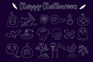 felices garabatos de halloween. calabaza, fantasma, murciélago y calavera y tibias cruzadas, tumba, muñeco vudú, sombrero de bruja, guadaña, escoba y poción. elementos de contorno aislados vectoriales. línea blanca sobre fondo oscuro. vector