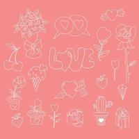 Love and romantic flowers doodle set. Rose and bridal bouquet, Cupids arrow and winged heart, cactus, flowerpots, gift and strawberries. Vector outline. isolated linear drawings for decor and design.