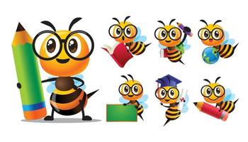 Cartoon cute bee character with glasses back to school series with different poses. Cute Bee holding pencil, holding book, carry blackboard and globe. Vector mascot set collection