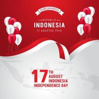 Indonesia Independence Day August 17th with ribbon and balloon illustration on maps and sunburst background. Dirgahayu Republik Indonesia 17 Agustus 1945 vector