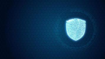 bewegingsafbeelding van blauw veiligheidsschild met cirkelomwenteling op hexagon vormachtergrond en futuristische technologie abstracte achtergrond netwerkveiligheidsconcept